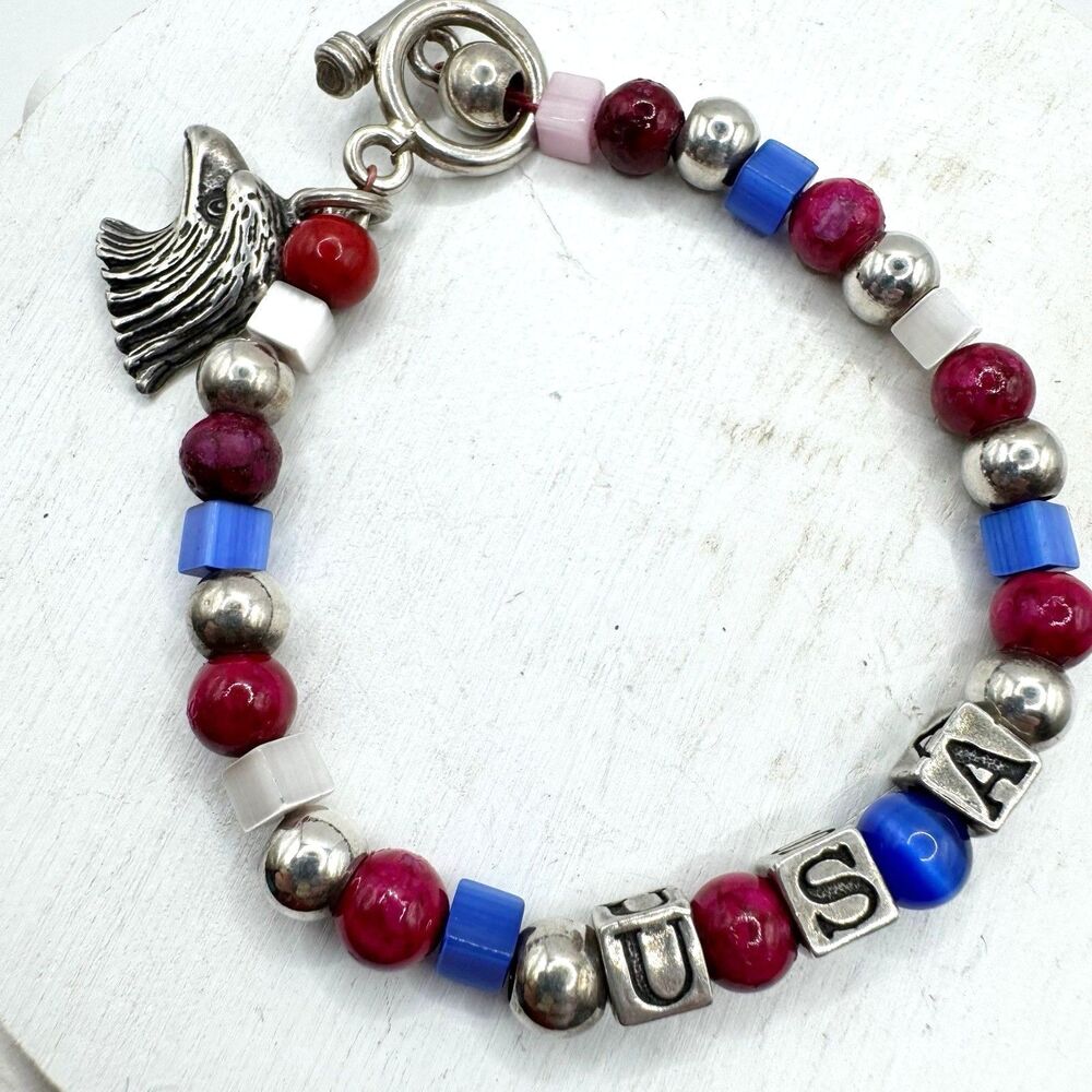 Patriotic Fourth Of July Bald Eagle Sterling Silver Beaded Bracelet USA Holiday